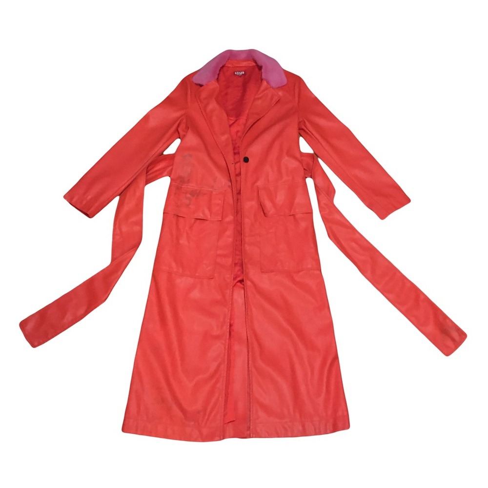 STAUD Small Long Pleather Belted Trench Coat Jacket Orange & Pink pockets FLAWED